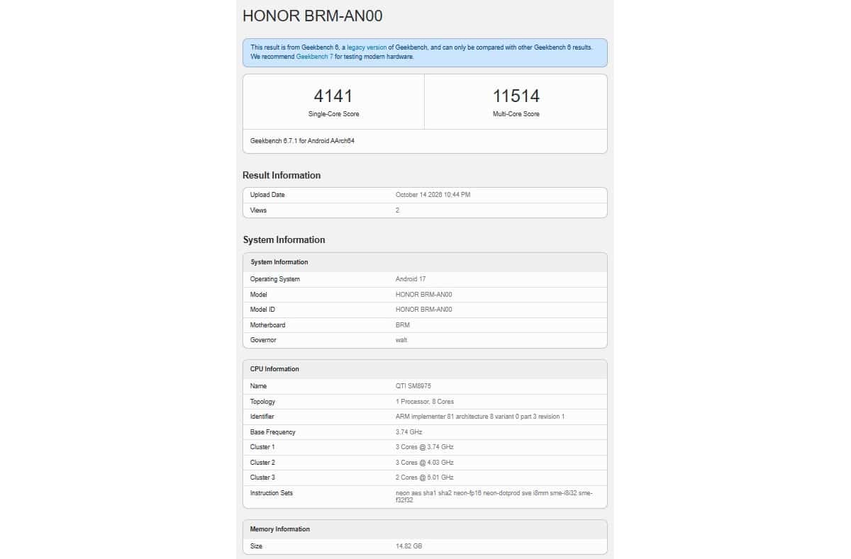 Результатів тесту Geekbench 6.7.1 для Honor BRM-AN00 зі Snapdragon 8 Elite Extreme Gen 6 та 16 ГБ RAM