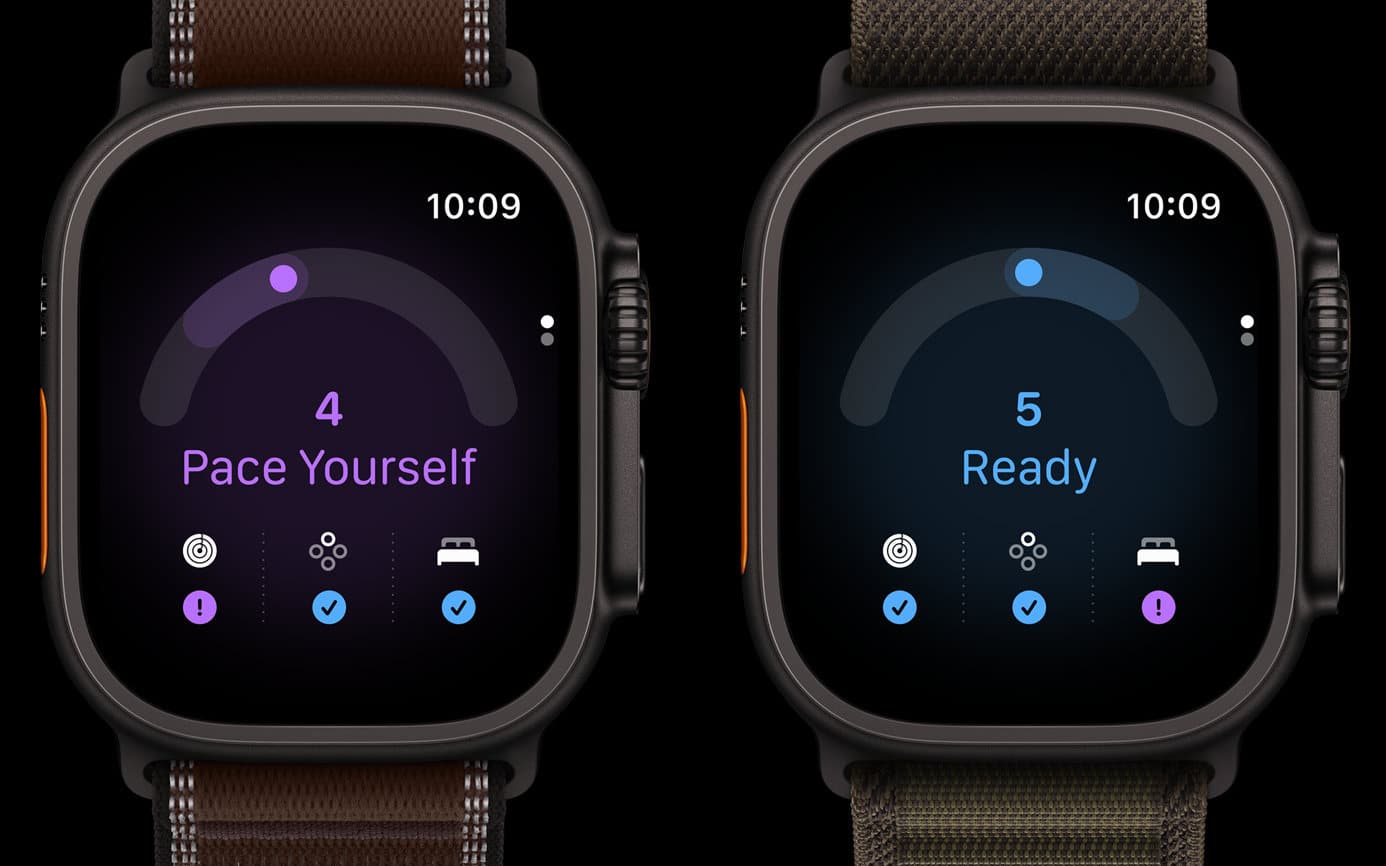 Два смарт-годинники Apple Watch зі спортивними ремінцями відображають екрани моніторингу серцевого ритму з різними