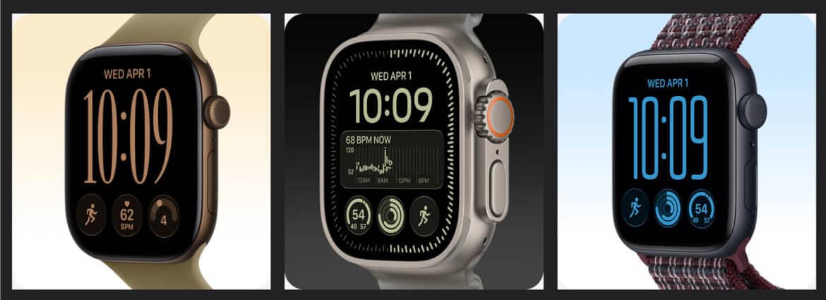 Три варіанти Apple Watch з різними дизайнами корпусу та ремінців, що показують цифровий циферблат зі часом 10:09