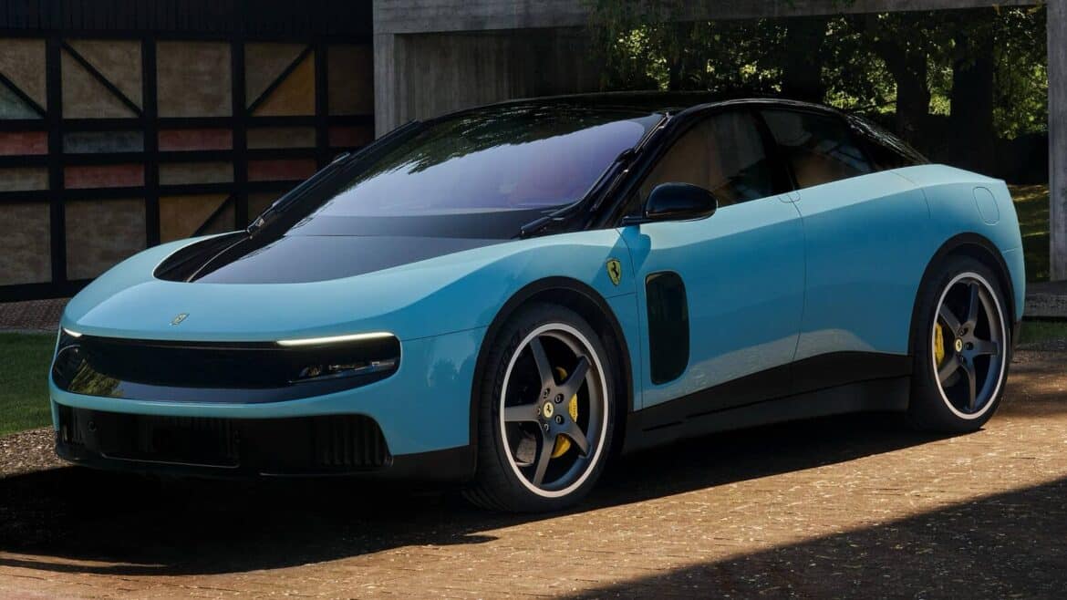 Блакитний Ferrari Luce з чорним дахом стоїть на брукованому майданчику біля бетонної споруди