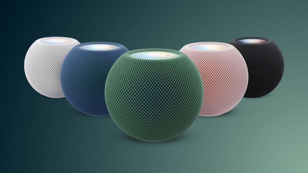 П'ять колонок HomePod mini різних кольорів: білий, синій, зелений, рожевий і чорний на бірюзовому тлі