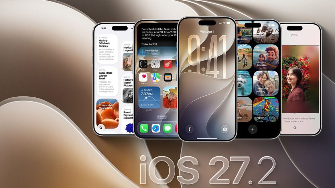 П'ять iPhone з різними екранами оновлення на бежево-сірому тлі, з написом iOS 27.2 внизу