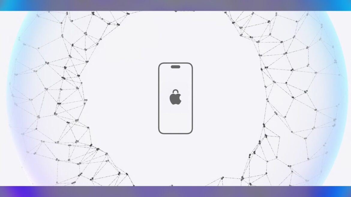 Контур iPhone з логотипом Apple і замком на тлі мережі з'єднаних вузлів, що символізує захист даних