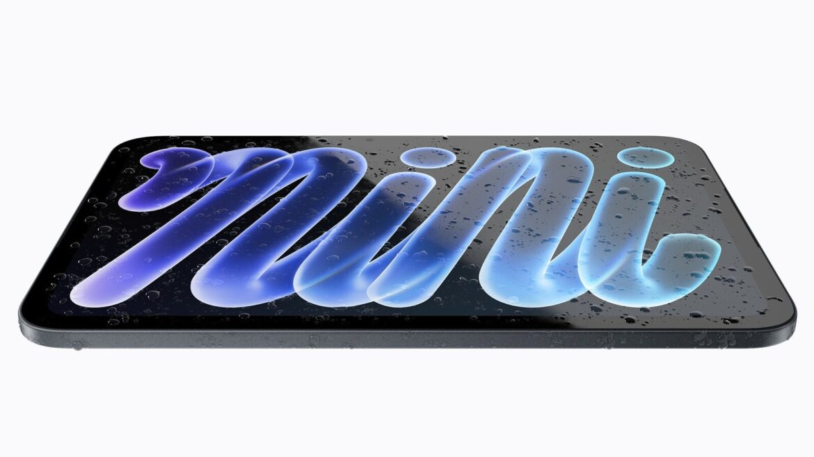 IPad mini з OLED-екраном під кутом, на якому світиться синьо-фіолетовий напис «mini» на тлі крапель води