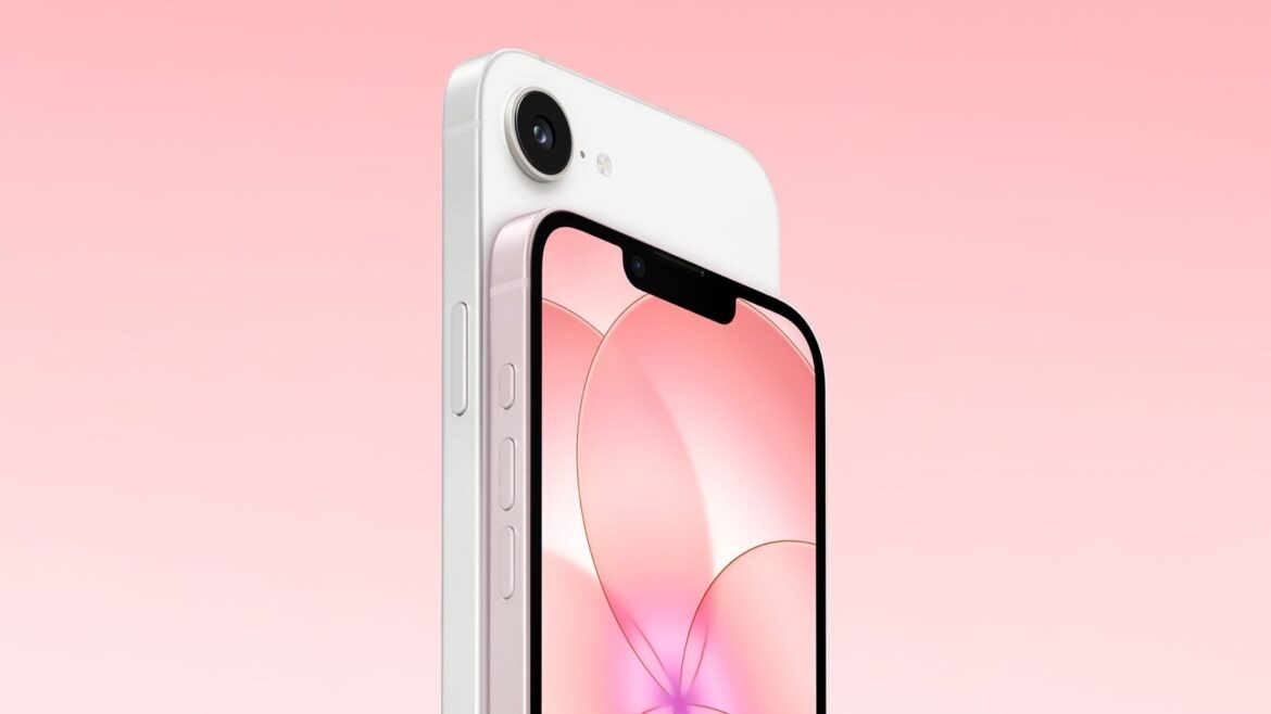 Білий і рожевий смартфони iPhone на рожевому фоні: одна задня камера і екран з рожевими шпалерами