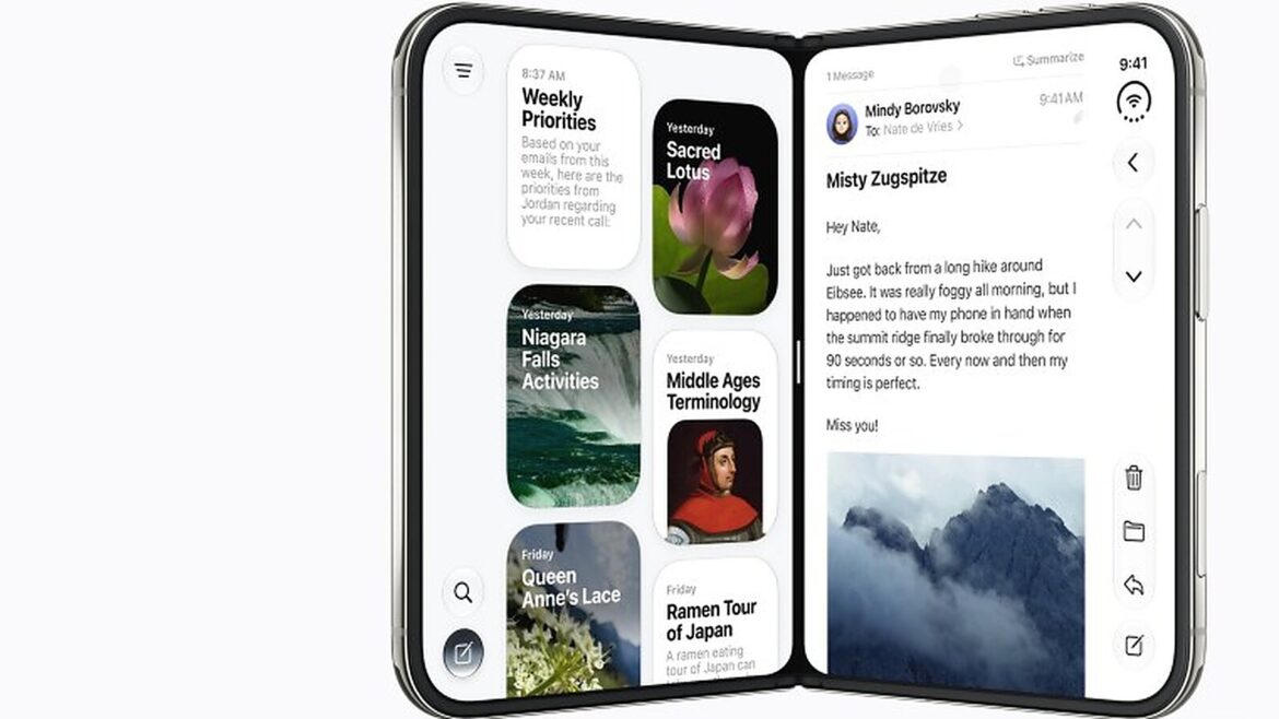 Складаний iPhone Duo з двома екранами: зліва картки-нотатки, справа лист із гірською фотографією