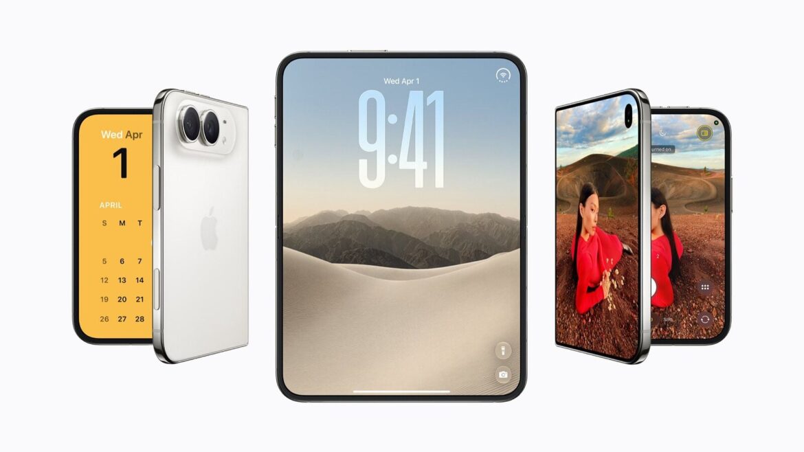 iPhone Duo у розкладеному й складеному вигляді з годинником 9:41 на екрані поруч з iPhone