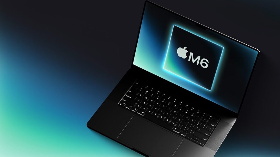 Ноутбук MacBook Pro з темним корпусом, на екрані якого світиться логотип Apple та напис M6 у підсвіченій рамці чипа