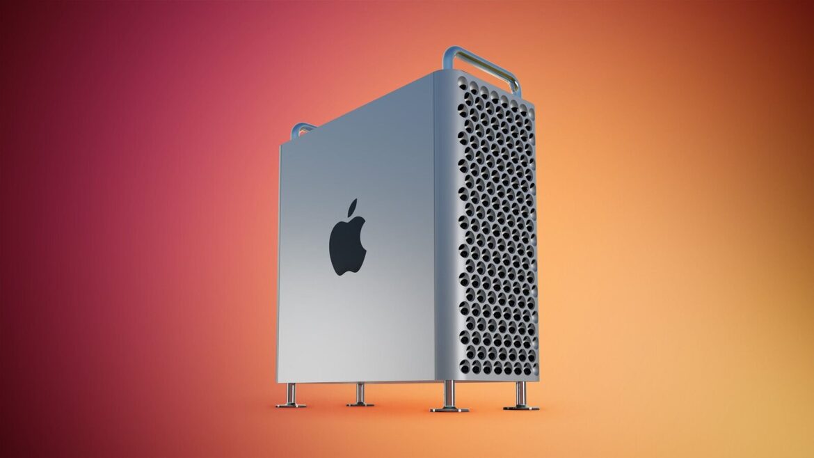 Срібний корпус Mac Pro 2019 з перфорованою бічною панеллю та логотипом Apple на червоно-помаранчевому тлі