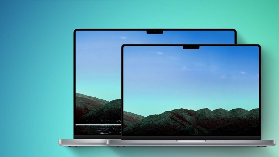 Два відкриті MacBook Pro з виїмкою в екрані показують зелені гори під блакитним небом на бірюзовому тлі