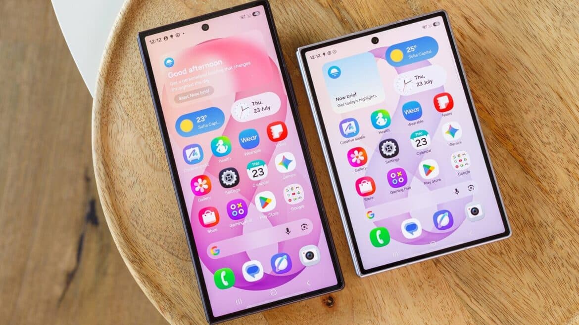 Два розгорнуті складані смартфони Samsung з віджетами на головному екрані лежать на дерев'яній підставці