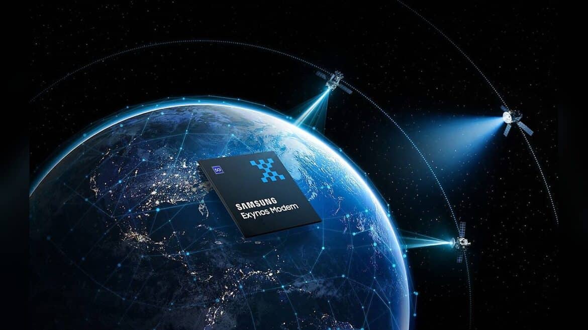 Чип Samsung Exynos Modem над нічною Землею, від якої до супутників тягнуться промені зв'язку