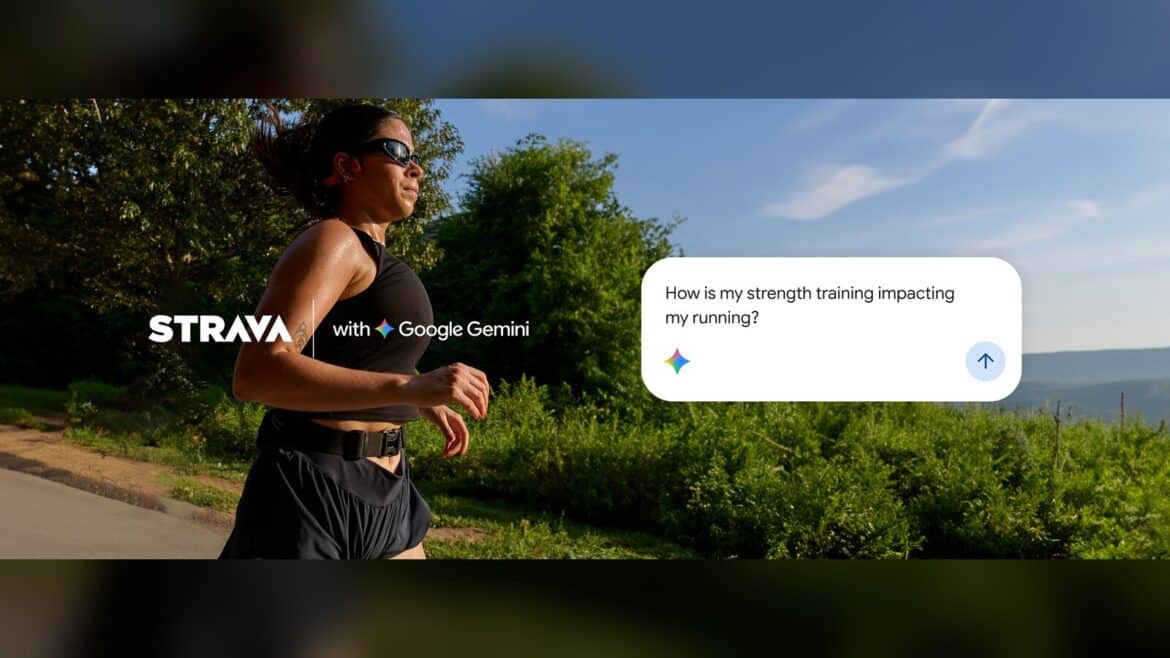 Бігунка в окулярах на стежці серед зелені, поруч логотипи Strava та Gemini і запит про вплив силових тренувань на біг