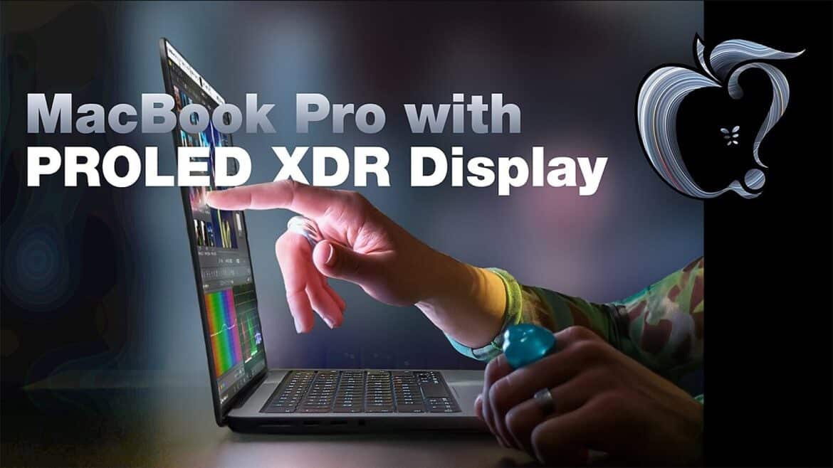 Рука торкається сенсорного OLED-екрана MacBook Pro з яскравим кольоровим інтерфейсом у темному приміщенні