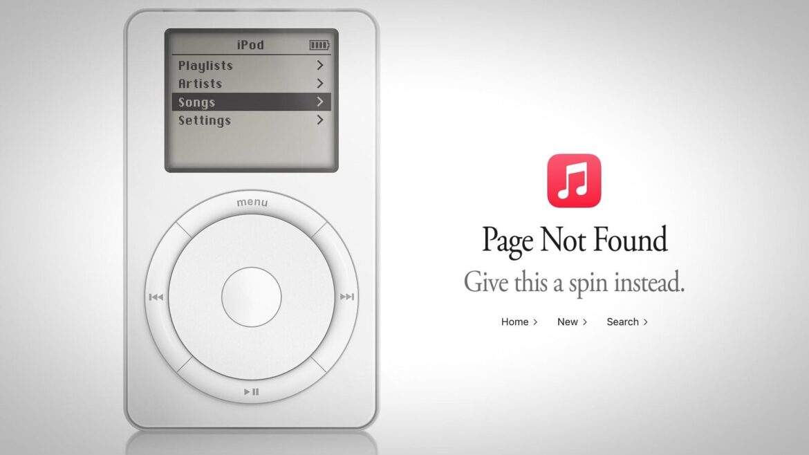 Білий iPod першого покоління з меню на екрані поруч із повідомленням про помилку на сторінці Apple Music