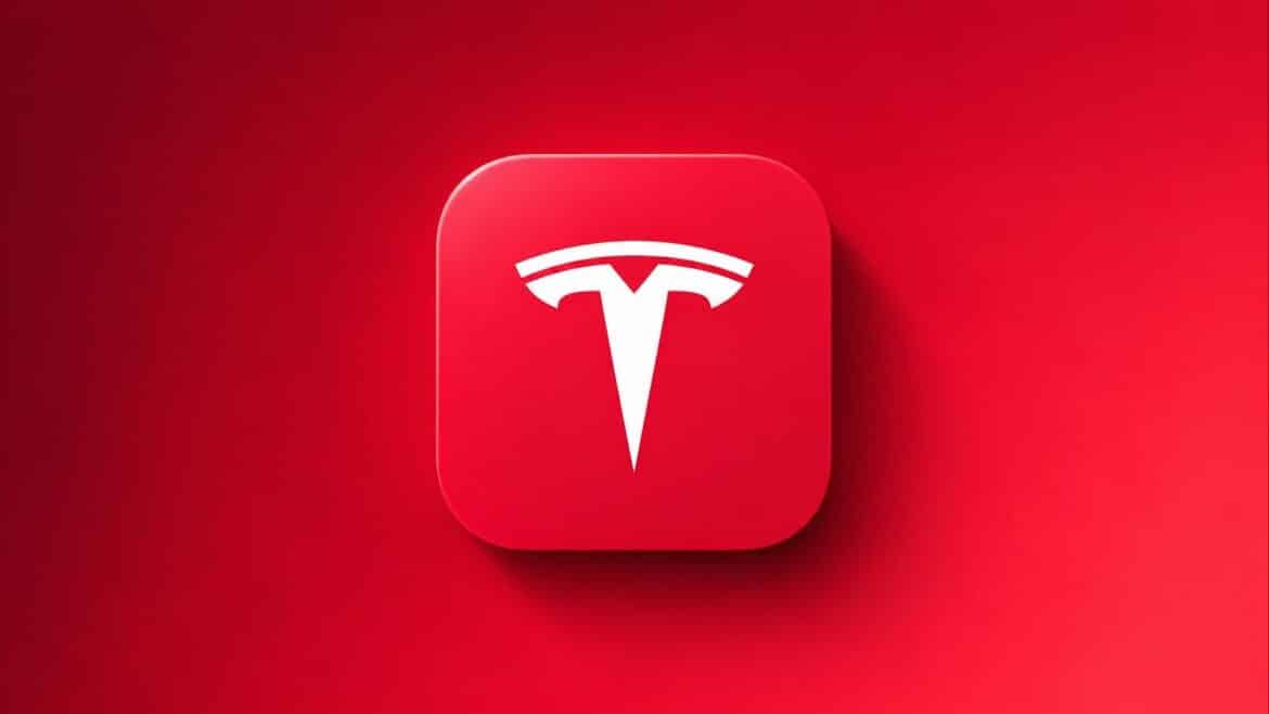 Червона іконка мобільного застосунку Tesla з білим логотипом бренду на червоному фоні